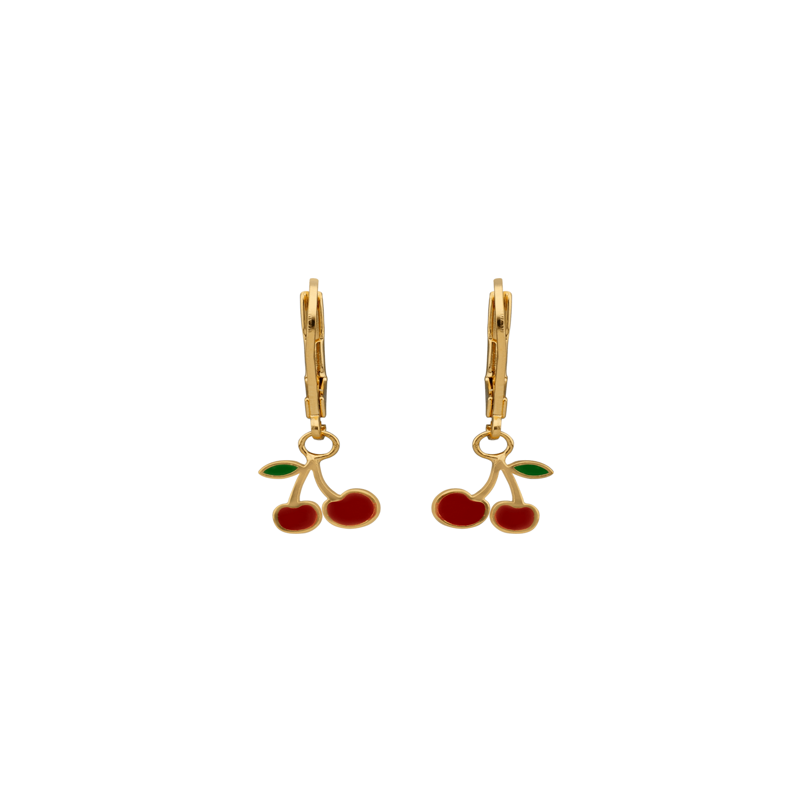 Boucles D'oreilles Cerises Email Pendant 25mm Plaqué Or