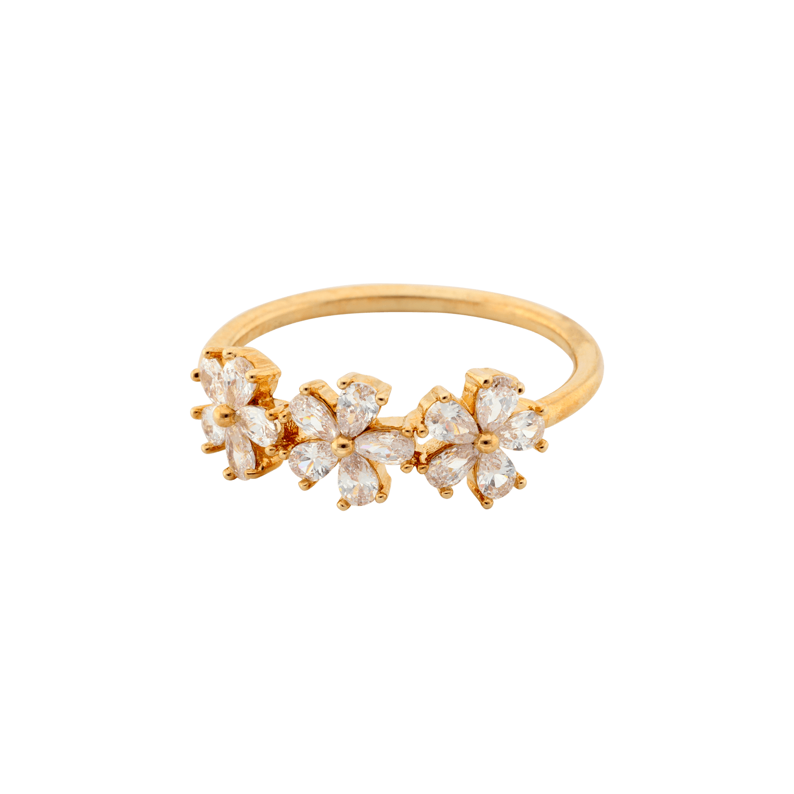 Bague Plaqué or trio fleurs oxydes blancs