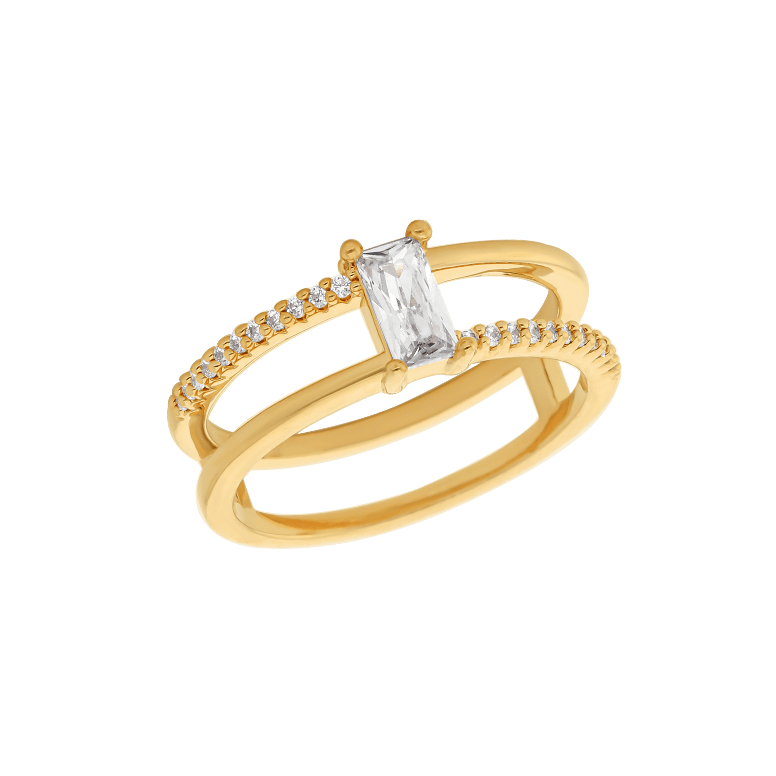 Bague Plaqué or double rangées rectangle Oxyde blanc