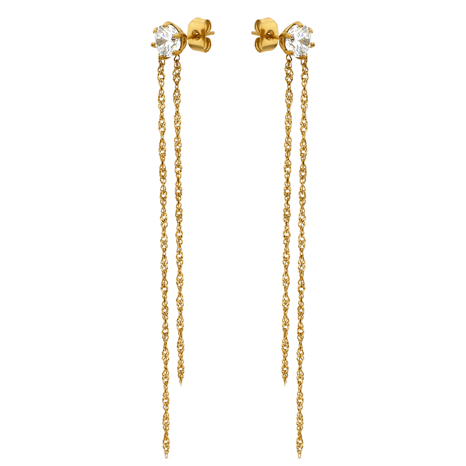 Boucles d'Oreilles Callas Acier doré Oxyde de Zirconium Pendentif 2 chaînes