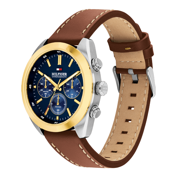 hudson chronographe cuir marron cadran bleu 5 atmosphères