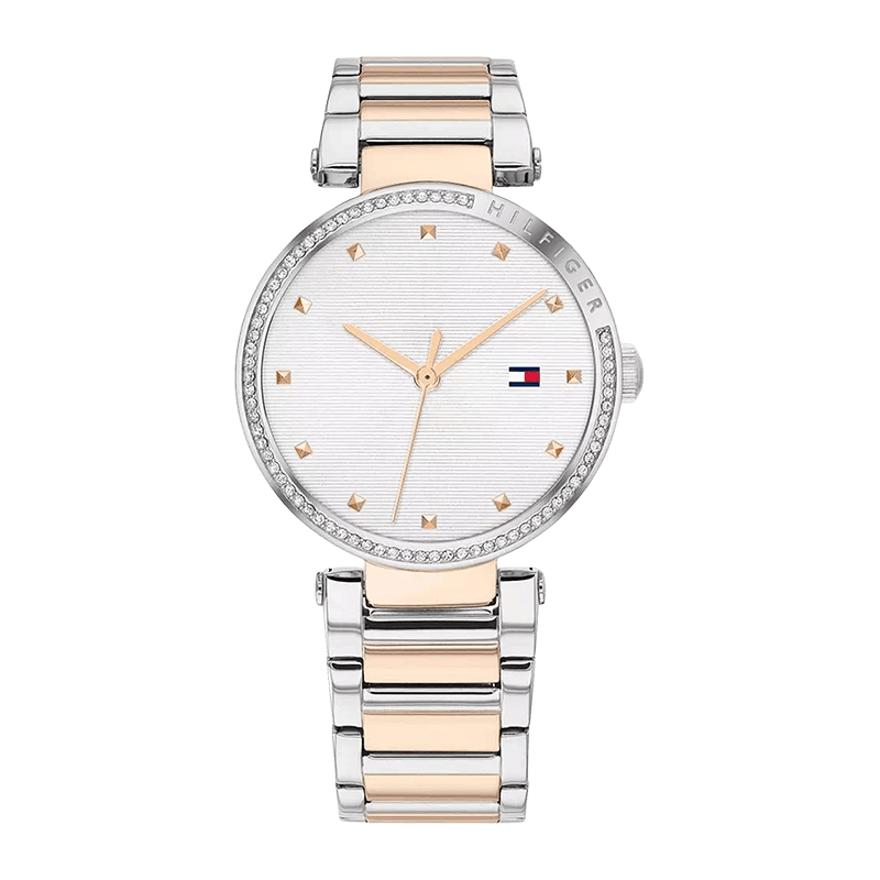 Montre Femme Tommy Hilfiger Lynn Bracelet Acier Argenté et Doré Rose Cadran Blanc –1782236