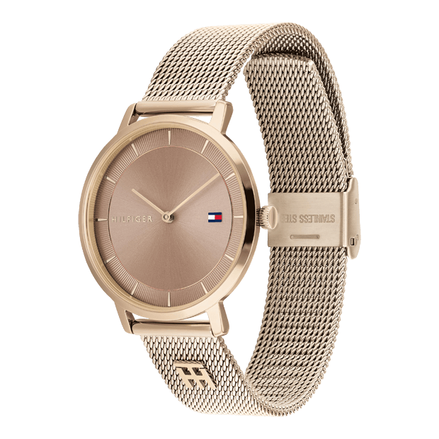 montre dame acier tommy hilfiger bracelet acier maille milanaise or rose