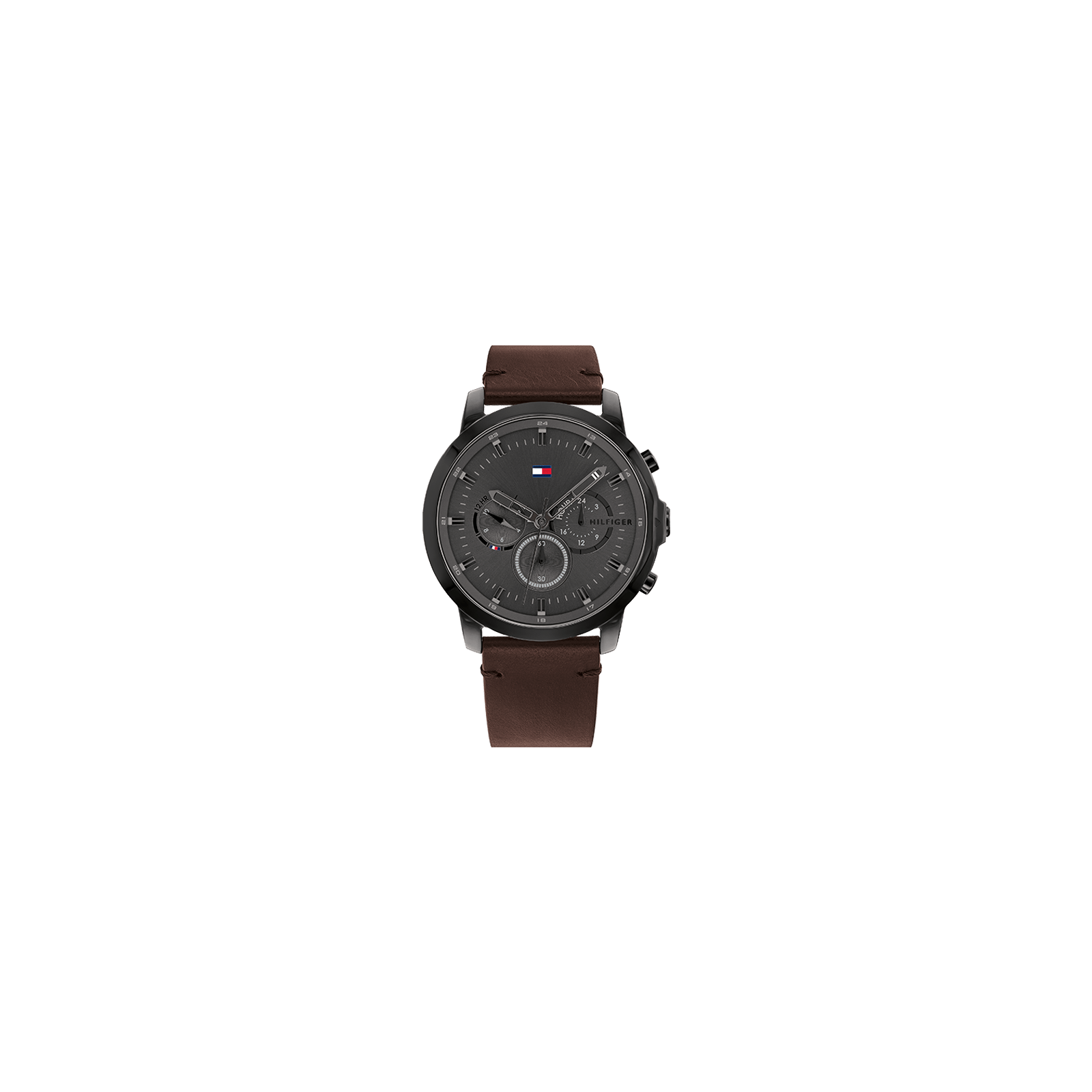 montre tommy hilfiger mouvement quartz multifonction boitier acier noir rond cadran noir bracelet cuir de veau marron