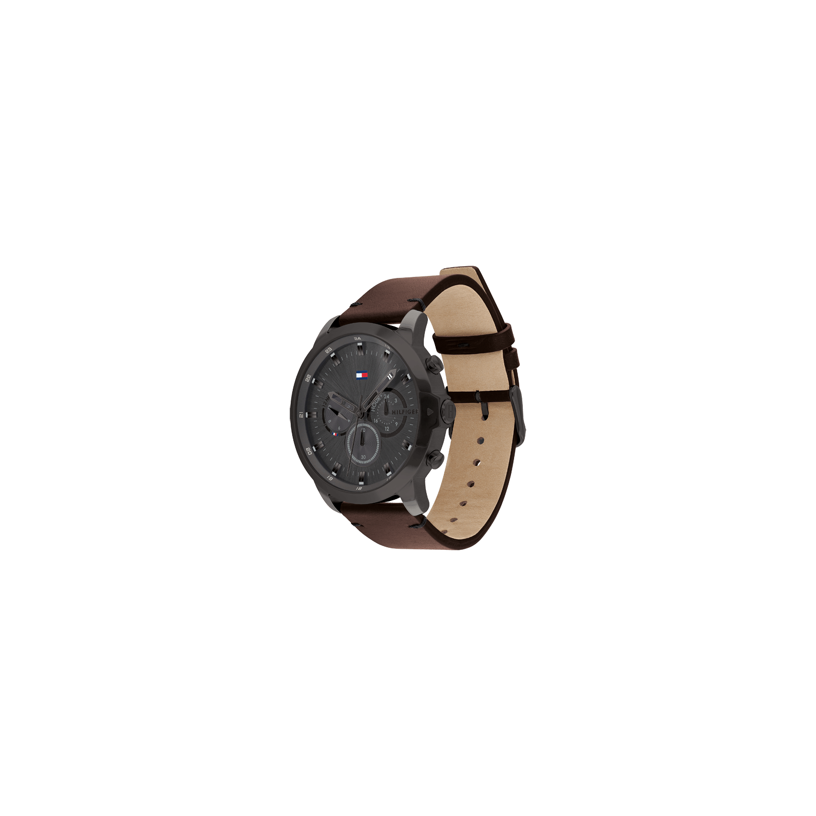 montre tommy hilfiger mouvement quartz multifonction boitier acier noir rond cadran noir bracelet cuir de veau marron
