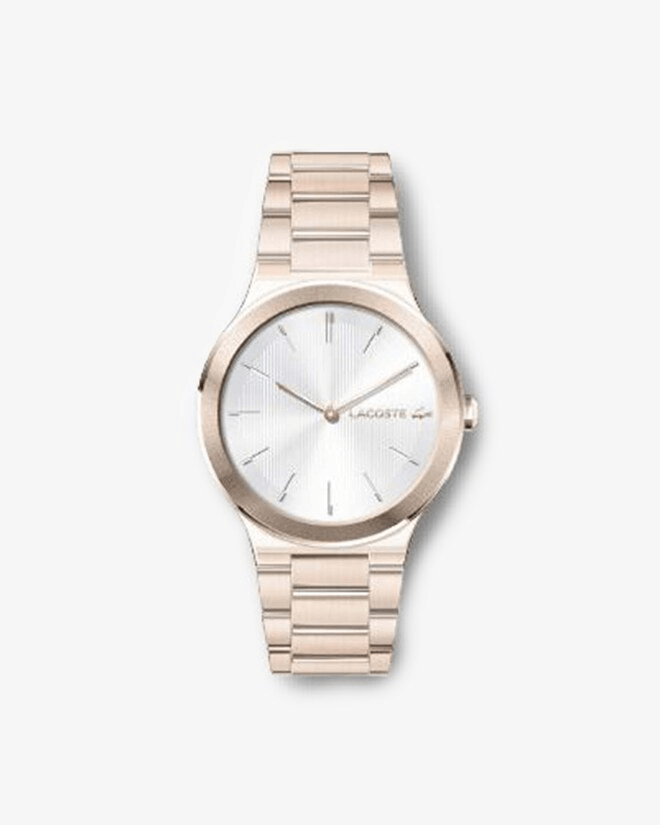 Montre Femme Lacoste Quartz cadran blanc argenté bracelet acier or rose