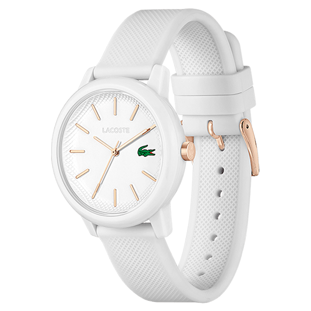 montre lacoste mouvement quartz boîtier tr90 blanc rond cadran blanc bracelet silicone