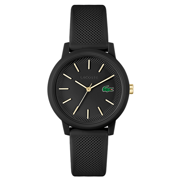 montre lacoste mouvement Quartz boitier TR90 noir rond cadran noir bracelet silicone noir