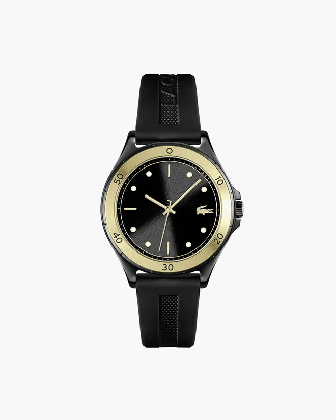 MONTRE DAME lacoste mouvement Quartz boitier acier noir rond cadran noir bracelet silicone noir