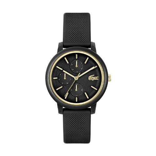 montre dame lacoste mouvement quartz multifonction boîtier tr90 noir rond cadran noir bracelet silicone noir