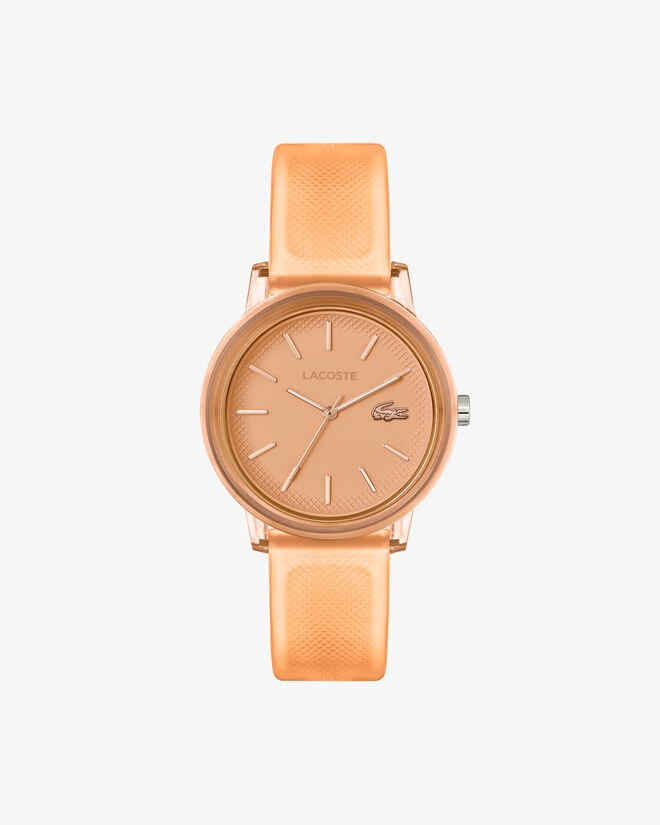 montre dame lacoste mouvement quartz boitier tr90 orange rond cadran orange bracelet silicone