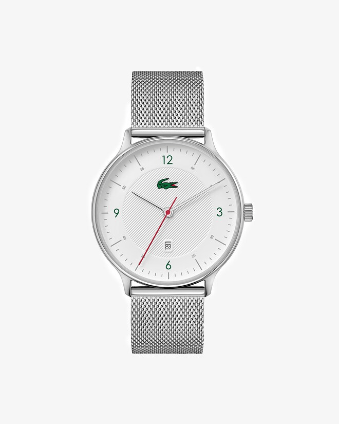 MONTRE HOMME lacoste Quartz cadran blanc bracelet acier maille milanaise argenté