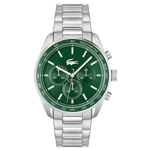 montre lacoste mouvement quartz chrono boitier acier rond cadran vert bracelet acier