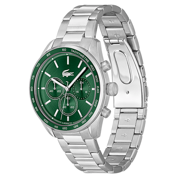montre lacoste mouvement quartz chrono boitier acier rond cadran vert bracelet acier