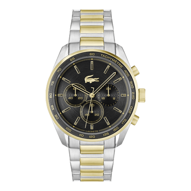 MONTRE HOMME lacoste mouvement Quartz chronographe boîtier or jaune rond cadran noir et or jaune bracelet acier acier et or jaune