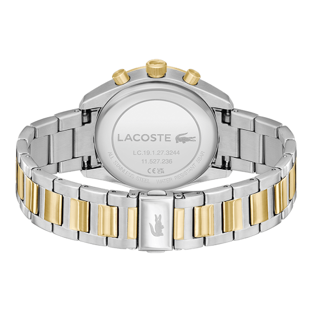 MONTRE HOMME lacoste mouvement Quartz chronographe boîtier or jaune rond cadran noir et or jaune bracelet acier acier et or jaune