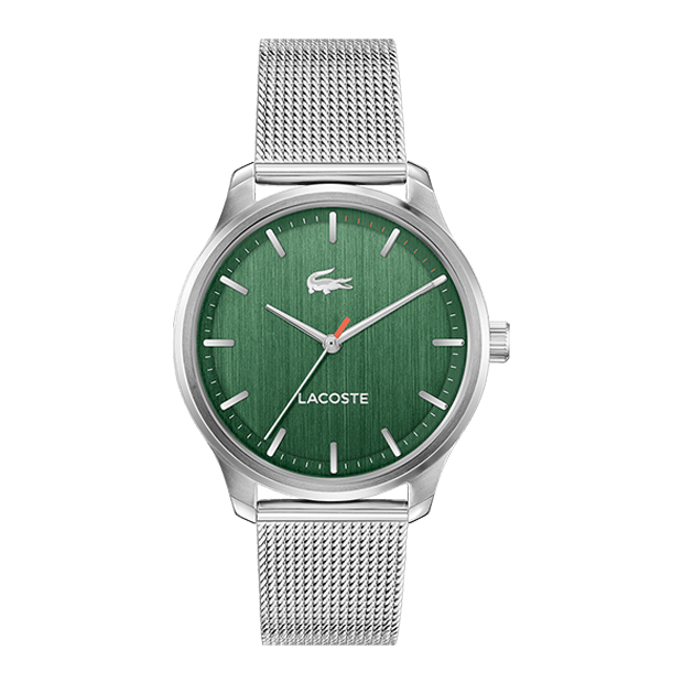 lisbon montre lacoste mouvement Quartz boitier acier rond cadran vert bracelet acier maille milanaise acier 5 atmosphères