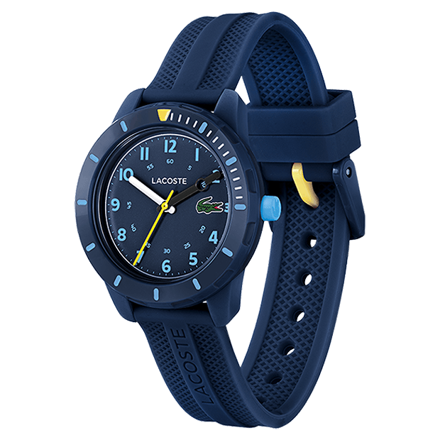 montre lacoste mouvement Quartz boitier TR90 bleu marine rond cadran bleu marine bracelet silicone bleu marine