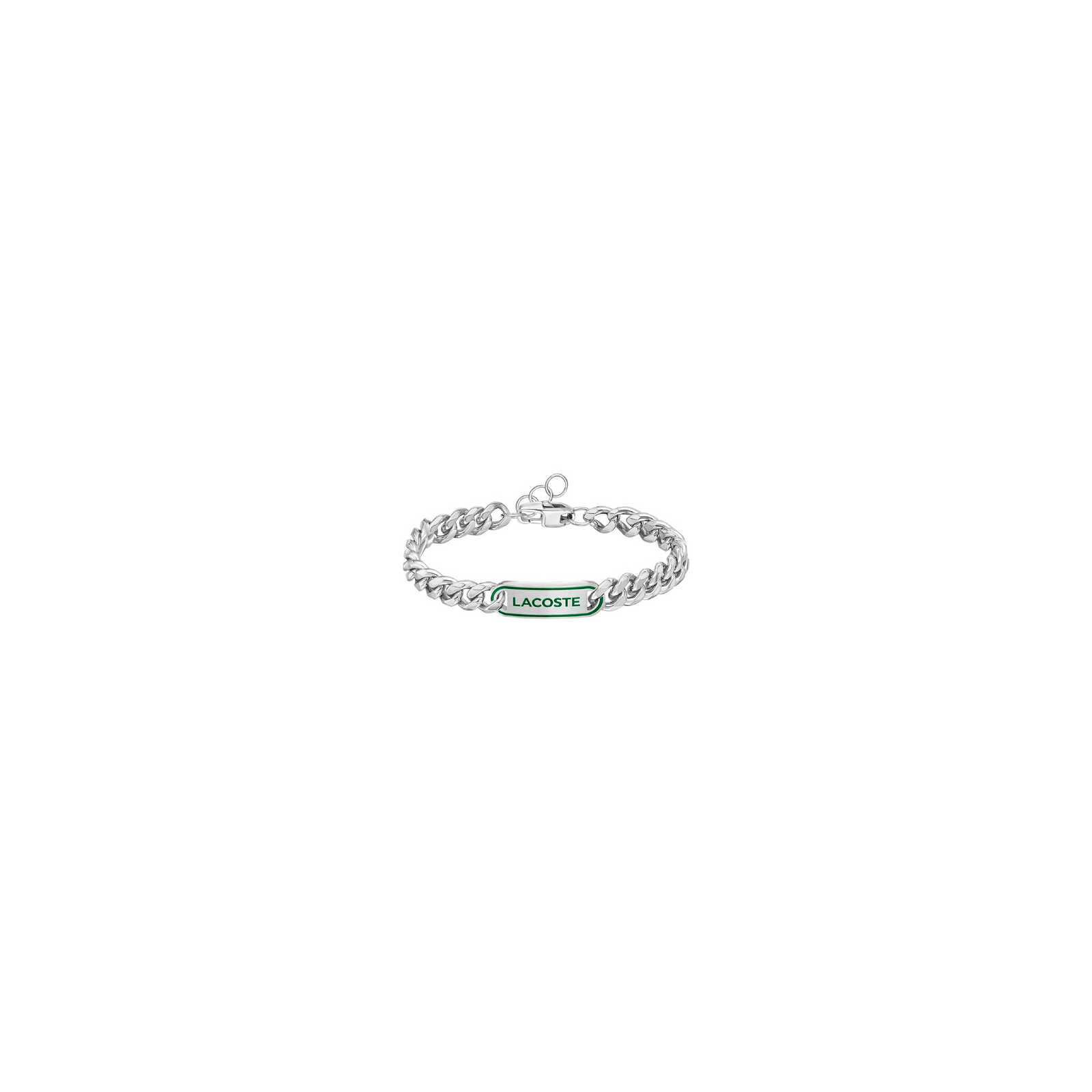 Acier inoxydable chain bracelet with green enamel filled lacoste logo