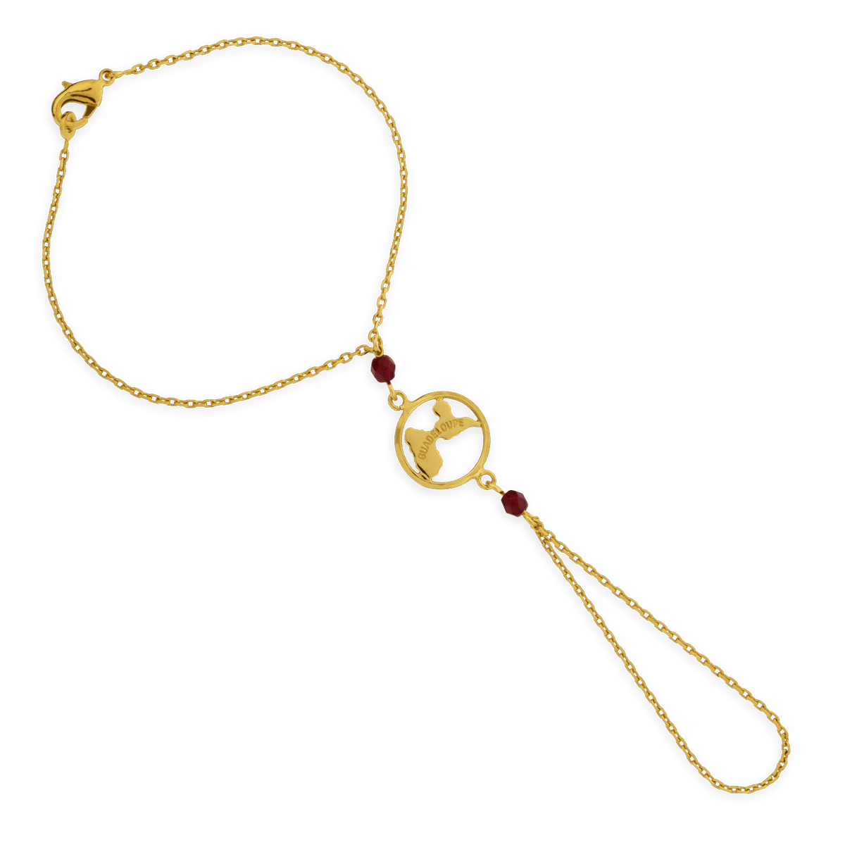 Chaîne Main Plaqué Or 19cm Carte Guadeloupe 15.5mm Cristal Grenat 3.5mm