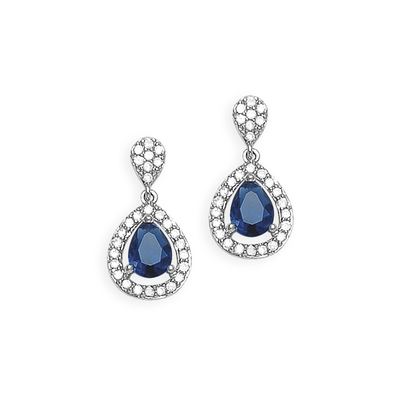 Boucles d'Oreilles Argent Rond forme goutte Verre bleu saphir avec Oxydes blancs