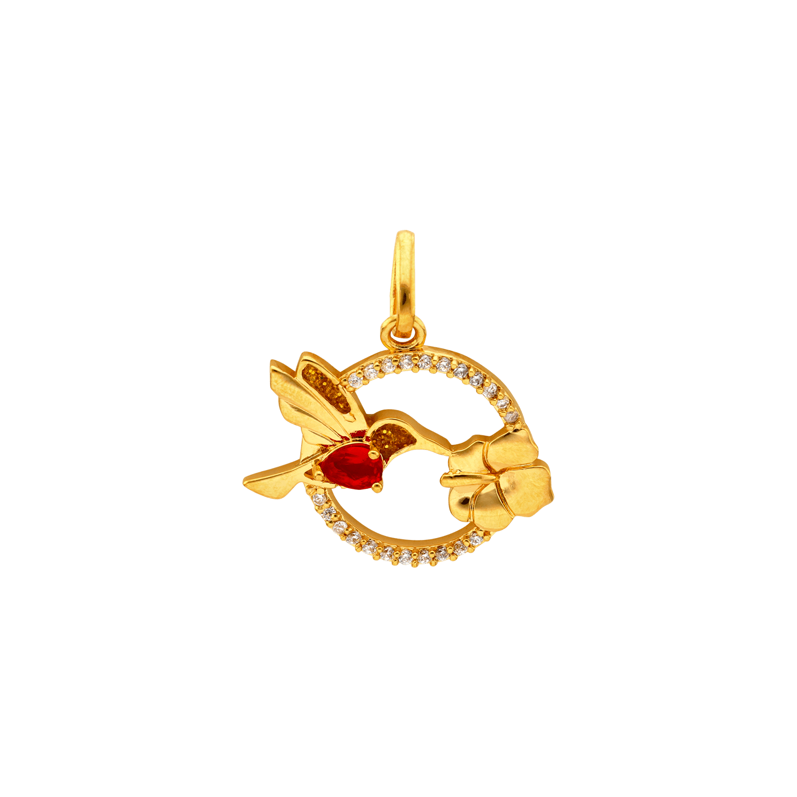 Pendentif Plaque Or colibri et fleur cercle sertie Oxyde de Zirconium