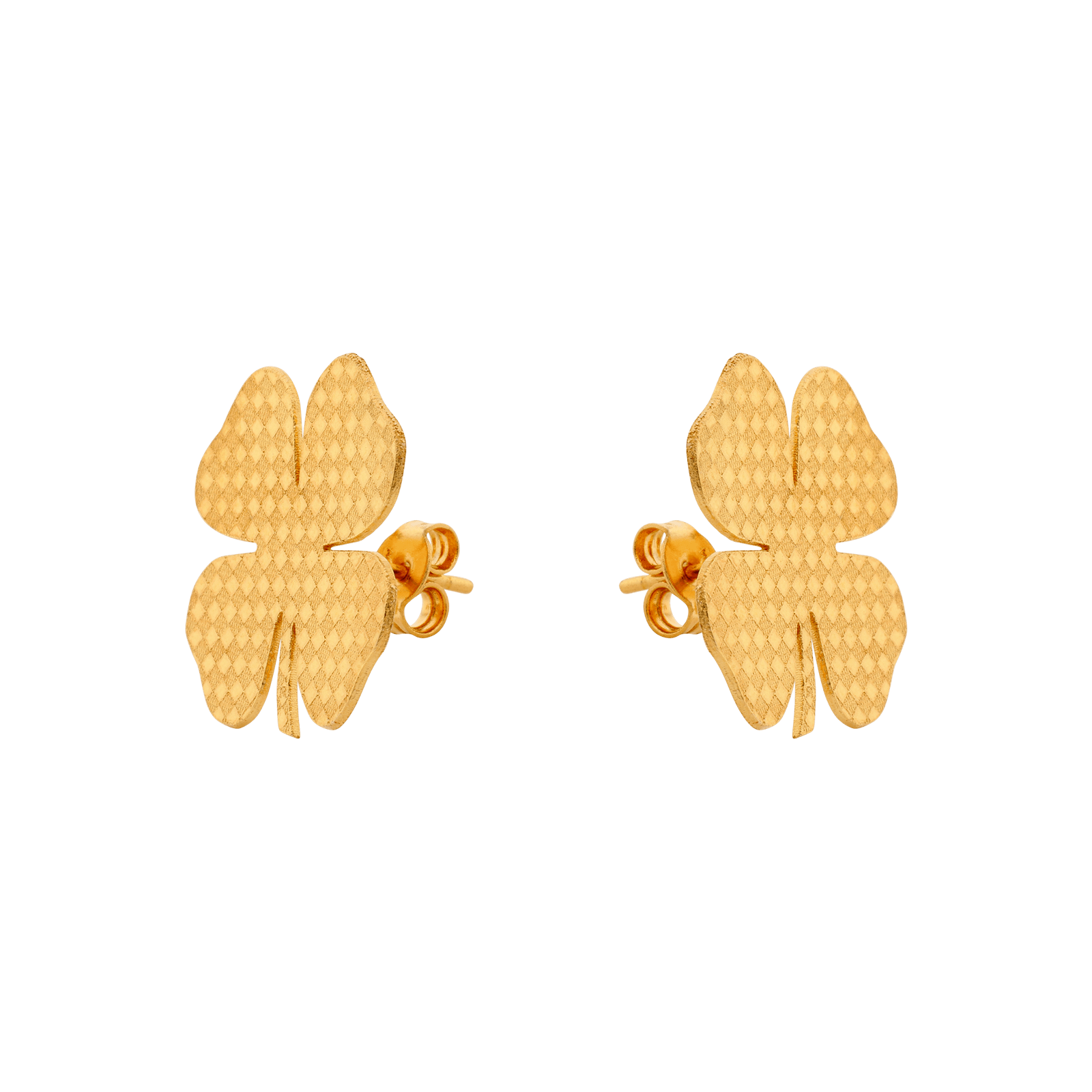 Boucles d’oreilles puces trèfle 2 × 2 cm plaqué or motif quadrillé