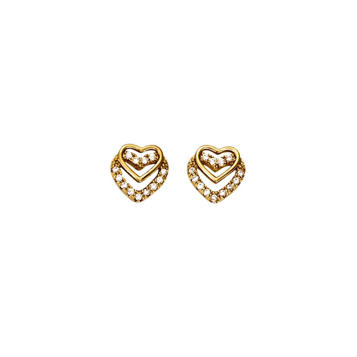 Boucles d'Oreilles Plaqué or double coeurs Lisse et Oxyde de Zirconium