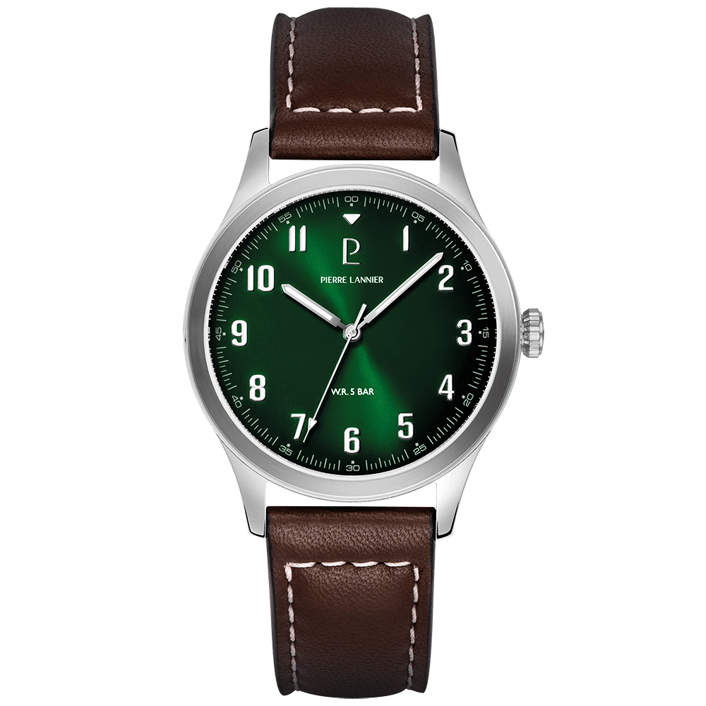Montre Homme AVIATEUR Argenté Cadran Vert Bracelet Cuir Brun 20 MM