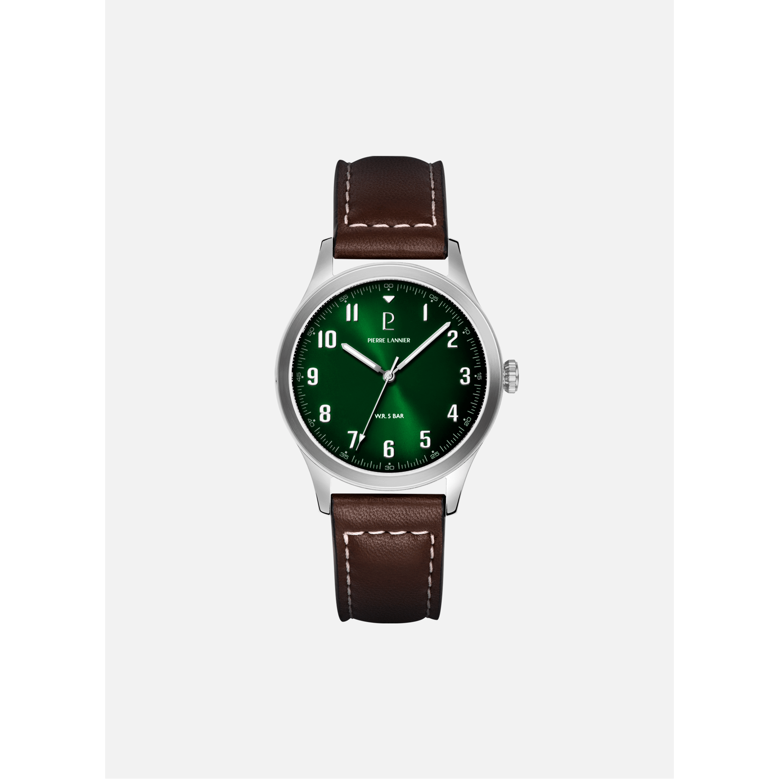 Montre Homme AVIATEUR Argenté Cadran Vert Bracelet Cuir Brun 20 MM