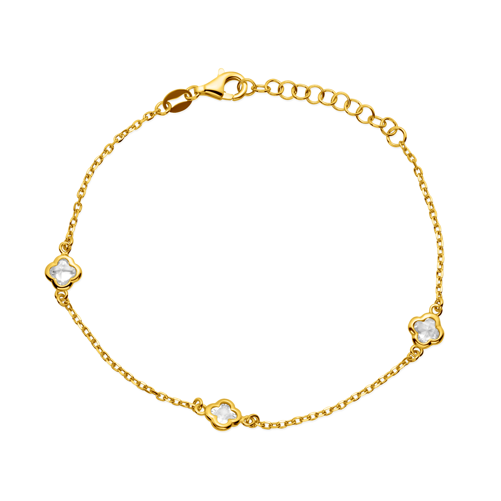 Bracelet Argent Doré 3 Oxyde de Zirconium serti forme fleurs 17 plus 3 centimètres