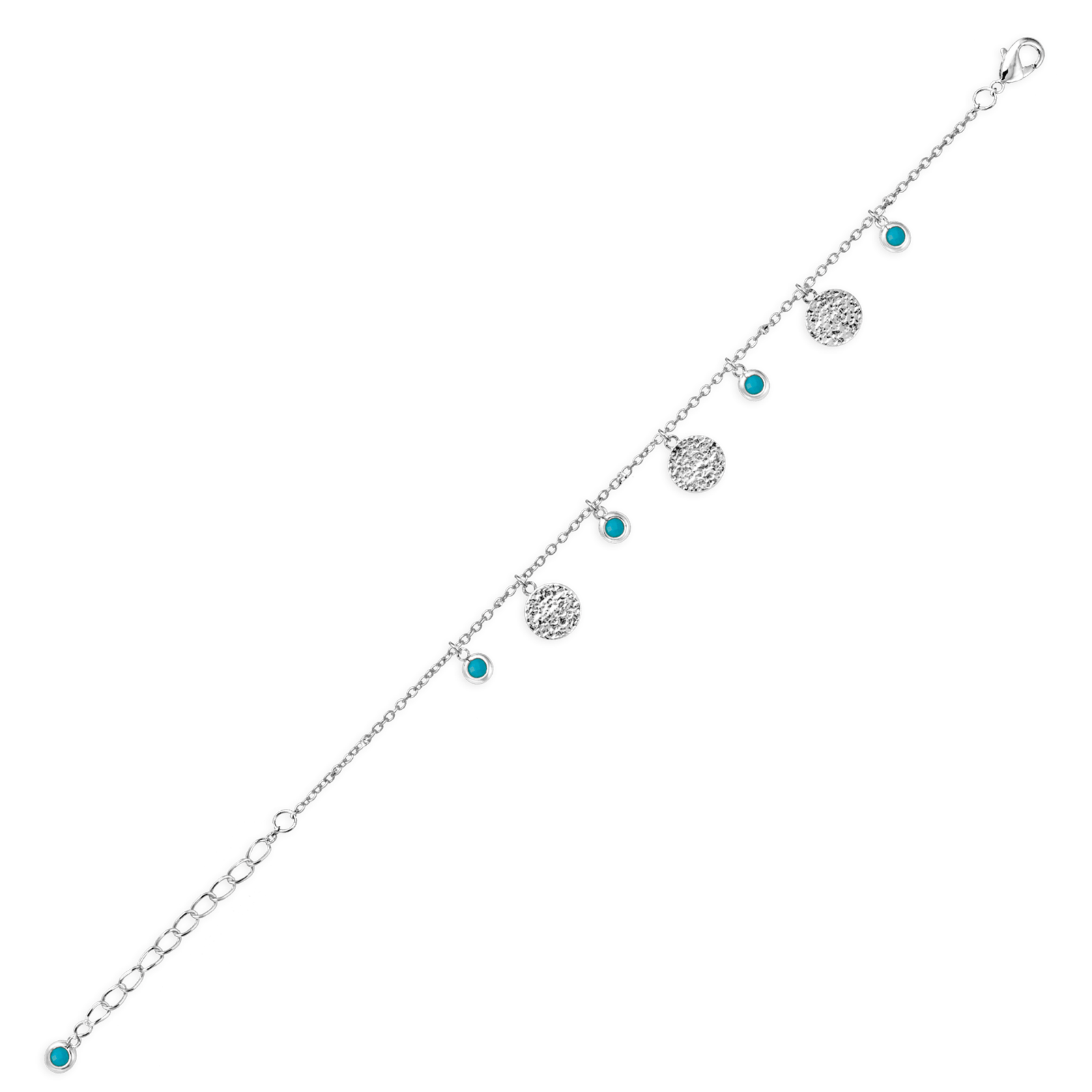 Bracelet Argent Rond pampilles pierres synth couleur turquoise avec pastilles antiques