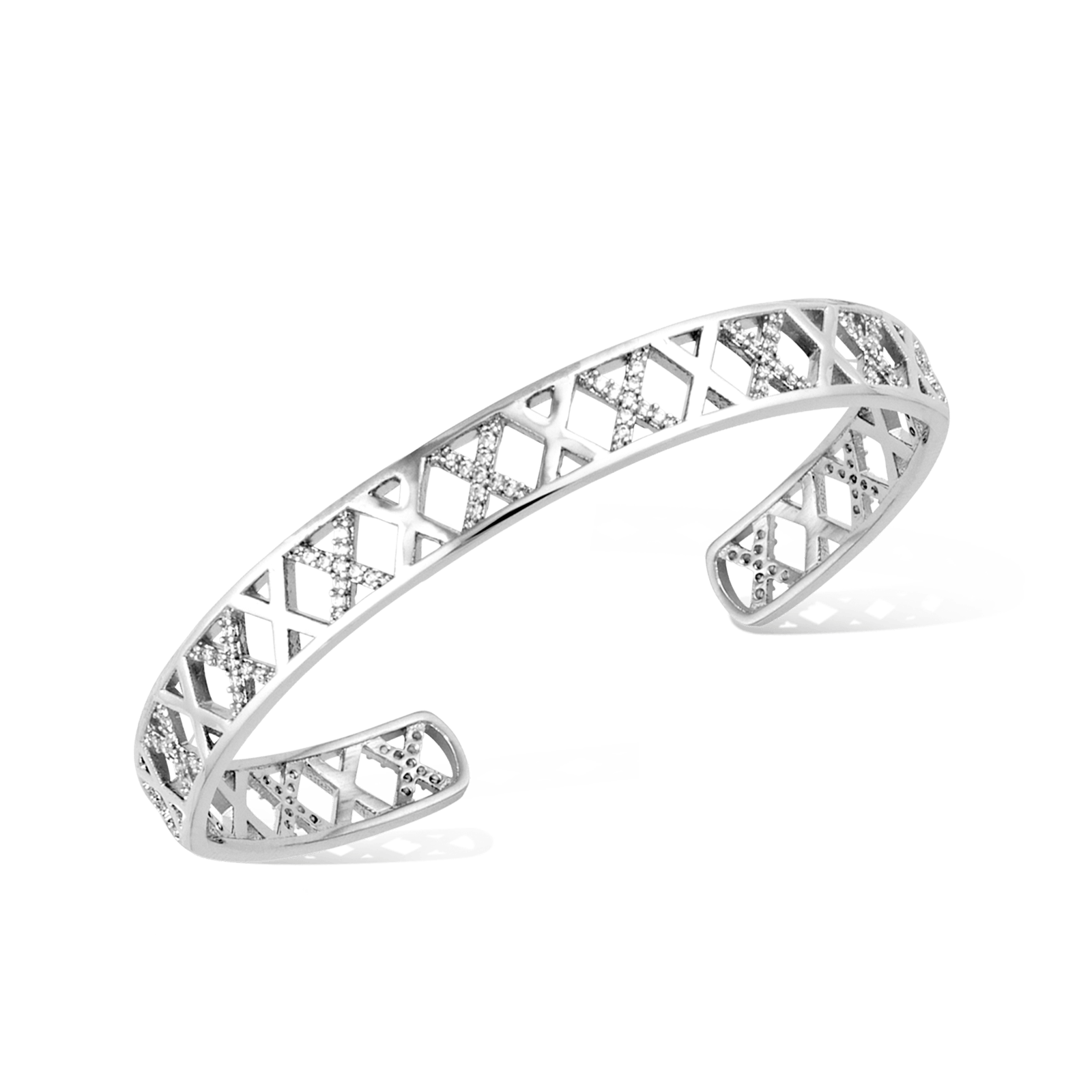 bracelet argent argent/rond jonc ajourée motif x avec oxydes blancs