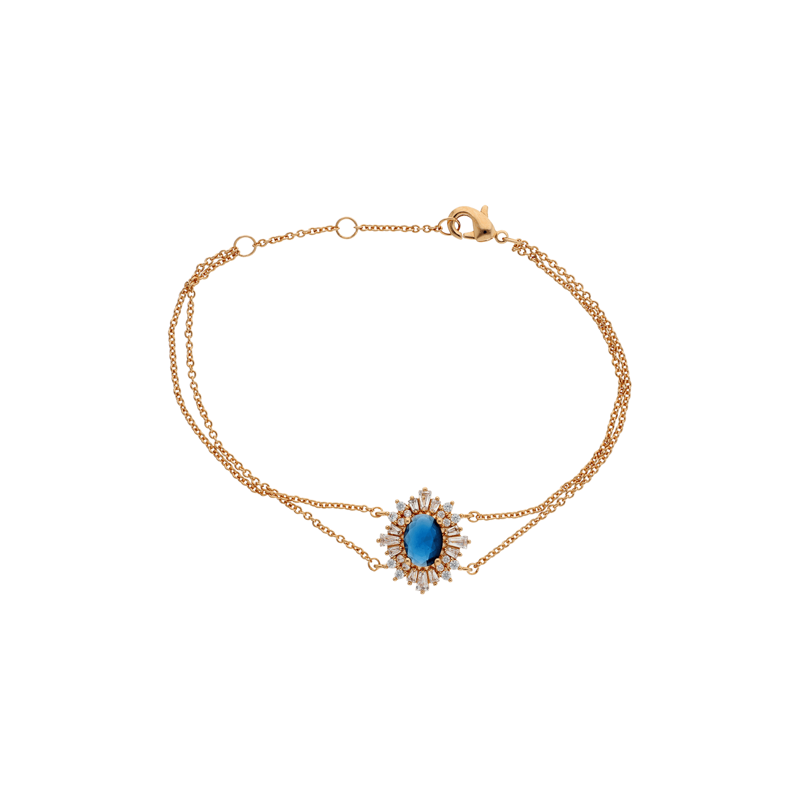 Bracelet Plaqué or fleur verre bleu saphir + oxydes