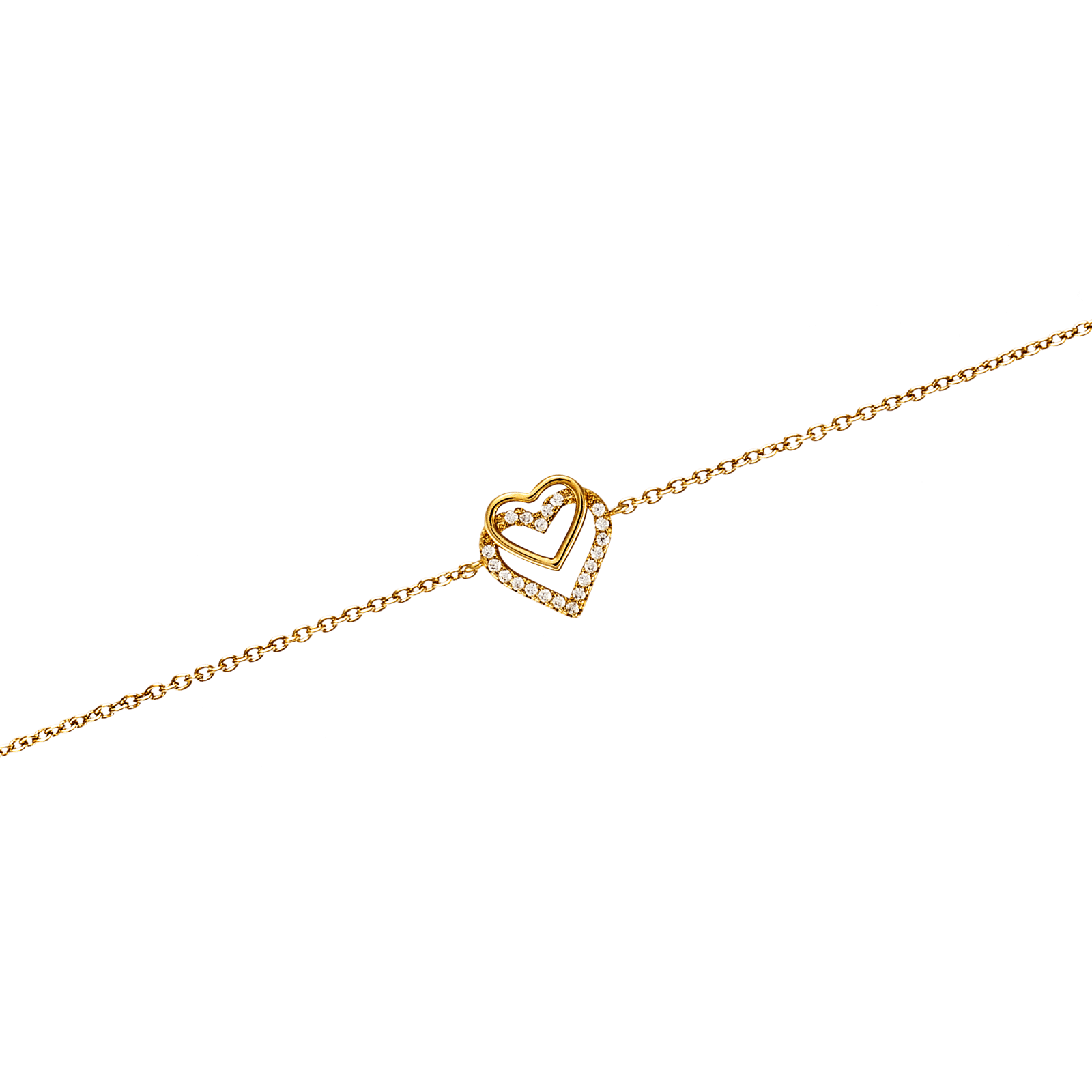 Bracelet Plaqué or double coeurs Lisse et Oxyde de Zirconium 16 plus 2 centimètres