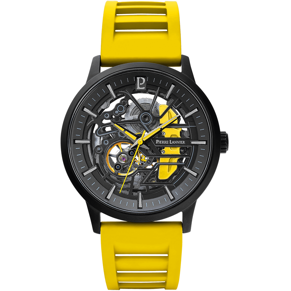 Montre Homme PADDOCK Noir Cadran Noir Bracelet Caoutchouc Jaune 22 MM