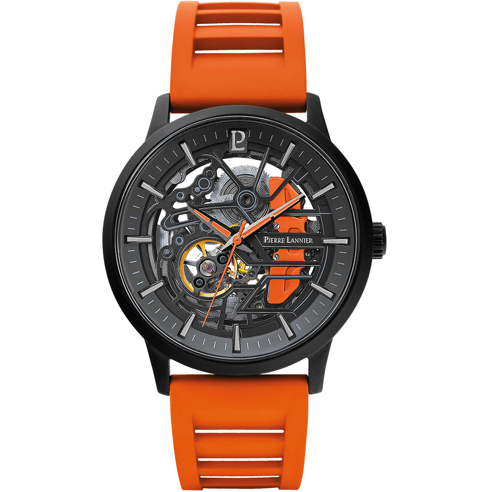 Montre Homme PADDOCK Noir Cadran Noir Bracelet Caoutchouc Orange 22 MM