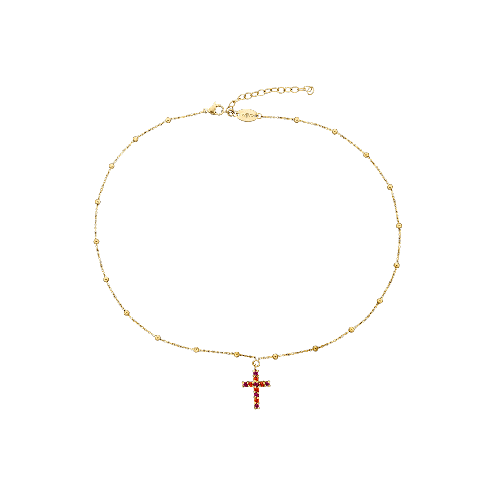 Collier Callas Acier doré chaîne fine boule centre Croix Oxyde de Zirconium couleur 40 plus 5 centimètres