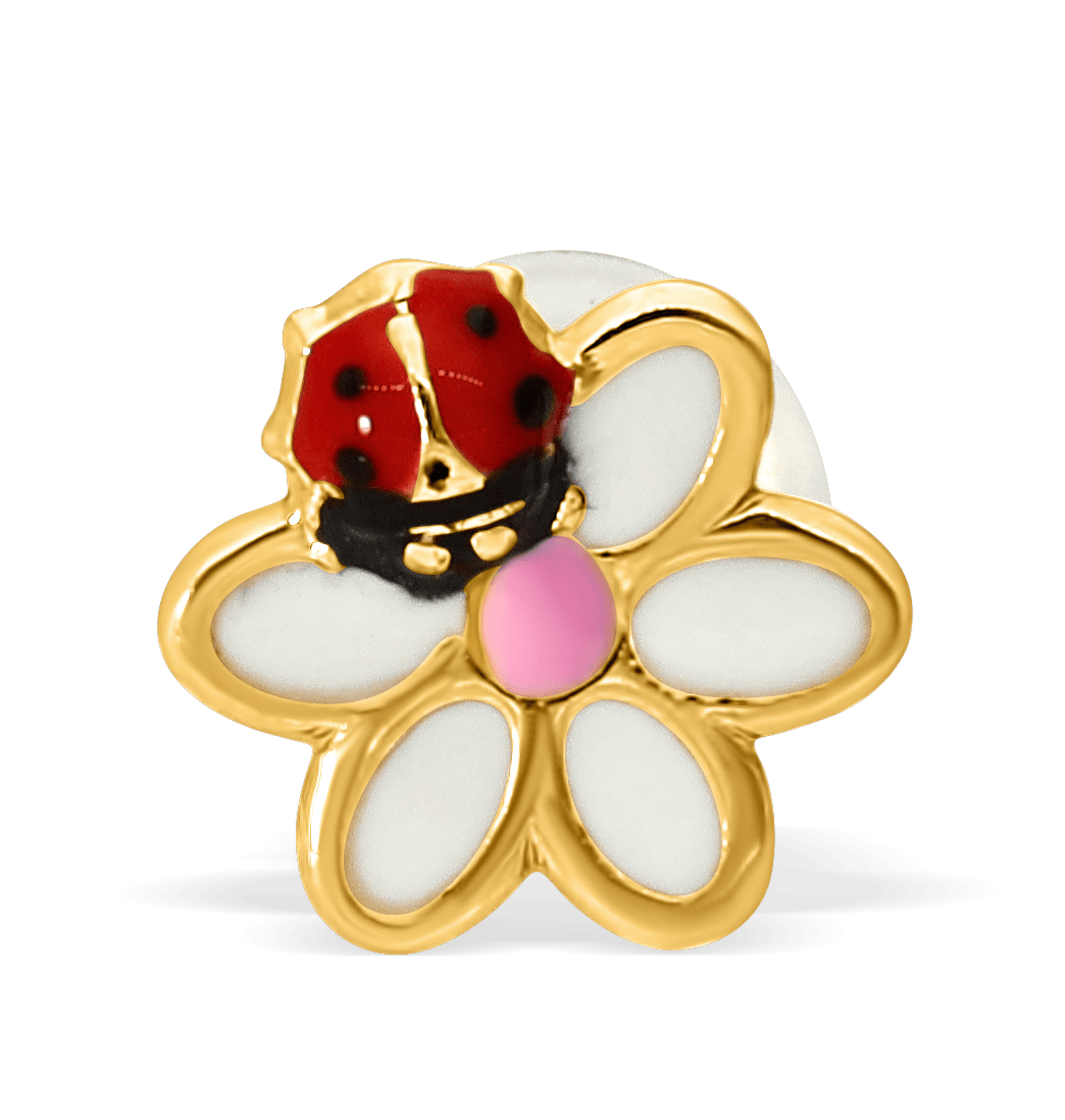 Boucles D'oreilles Or 375 Fleur Coccinelle Email Multicol 7.5mm Fermoir Or 375 Silicone