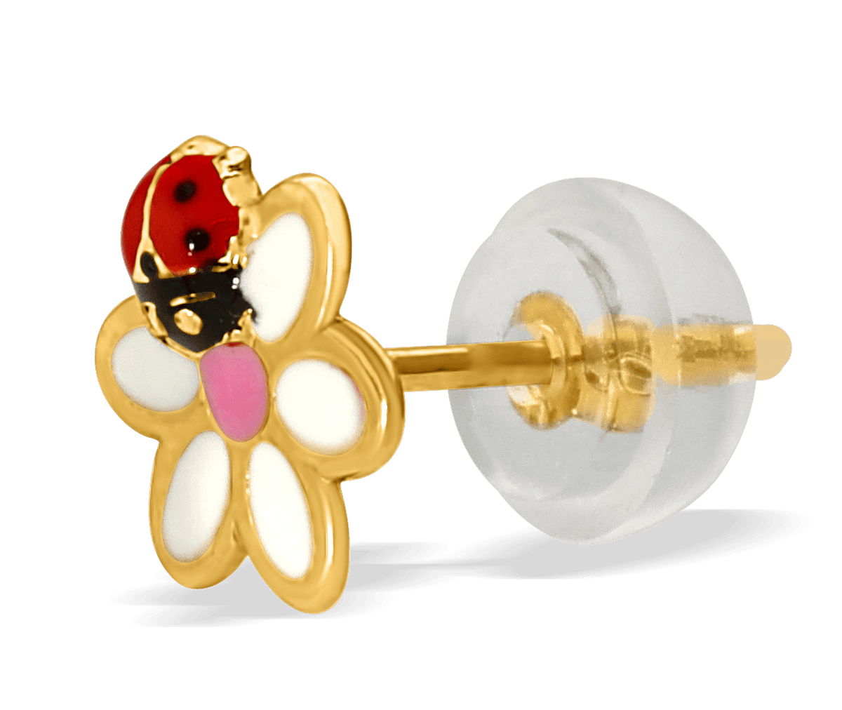 Boucles D'oreilles Or 375 Fleur Coccinelle Email Multicol 7.5mm Fermoir Or 375 Silicone