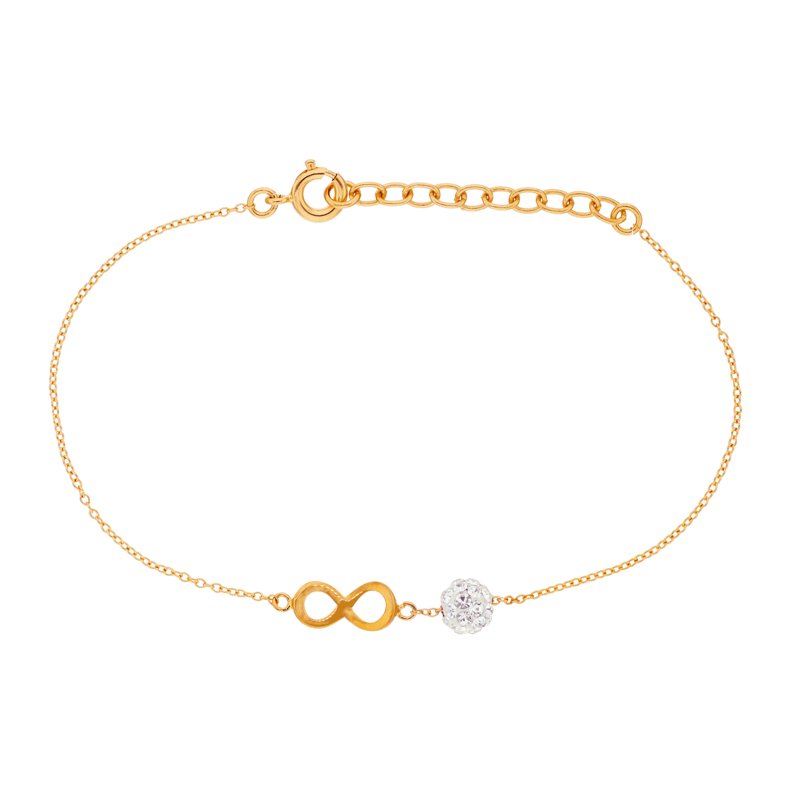 Bracelet Plaqué Or Infini 6*11mm Boule Cristal 5mm Chaîne 0.9mm 16A18cm