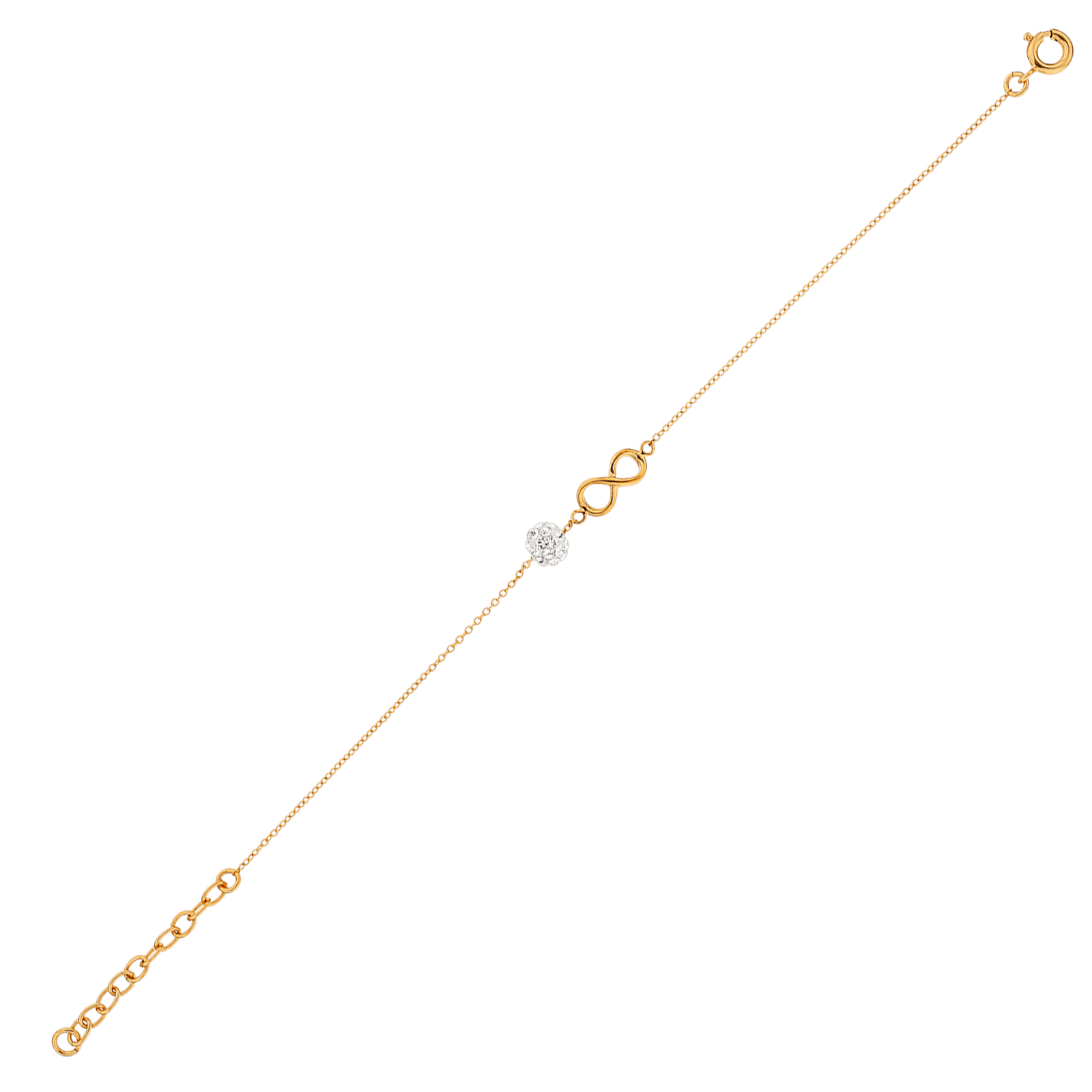 Bracelet Plaqué Or Infini 6*11mm Boule Cristal 5mm Chaîne 0.9mm 16A18cm