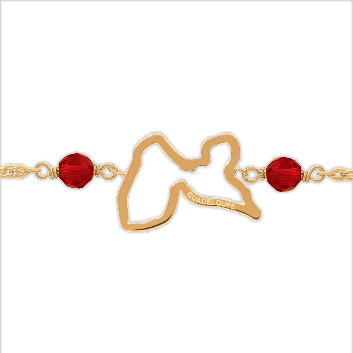 Bracelet Plaqué Or Carte Guadeloupe 15*10mm Cristal Grenat 4mm 18  à 20cm