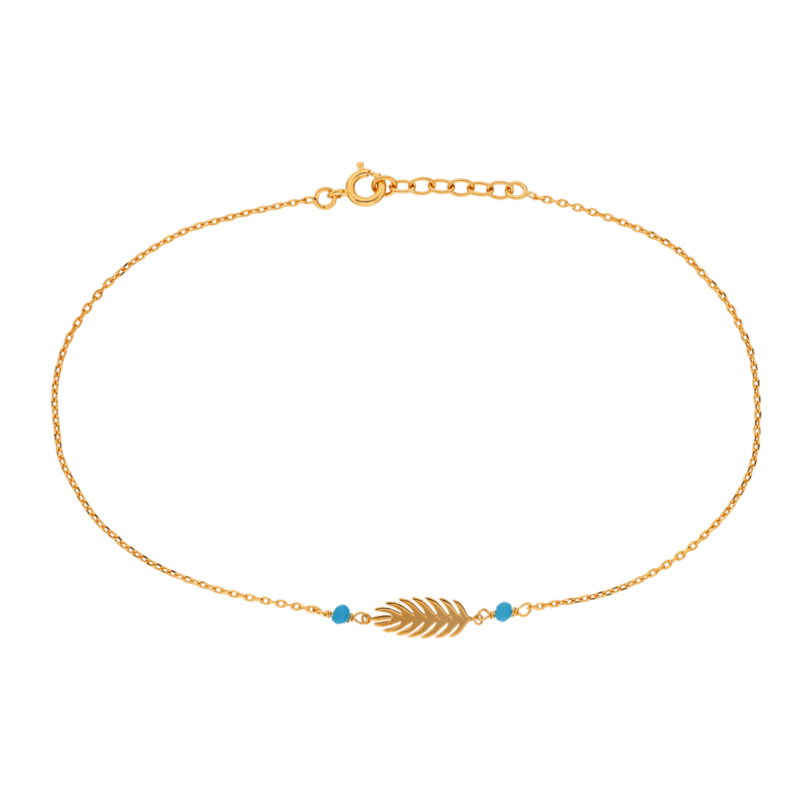 Chaîne Cheville Feuille 7*15mmTurquoise 25 A 27cm Plaqué Or
