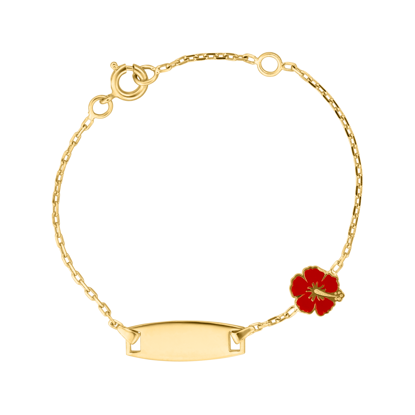 Bracelet Identité Bébé Plaqué or 15 centimètres plaque ovale hibiscus Émaillé