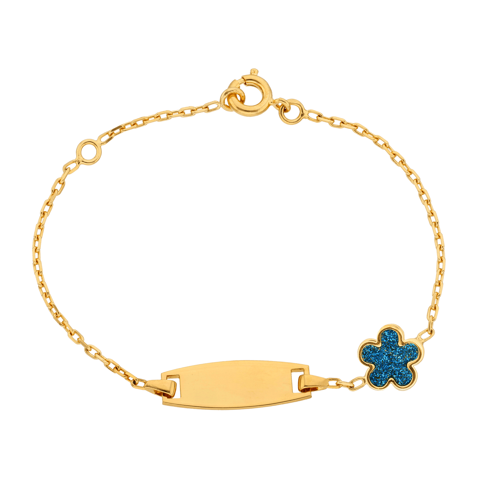 Identité enfant plaque ovale fleur paillettes bleu