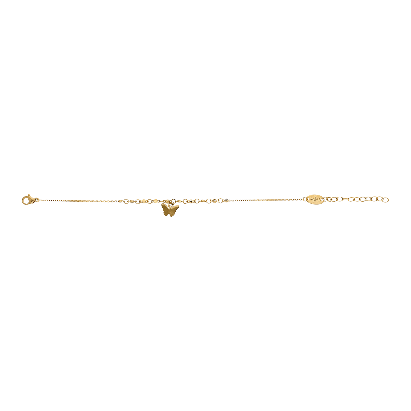 bracelet callas acier doré centre oxyde de zirconium pampille papillon 17 plus 3 mm