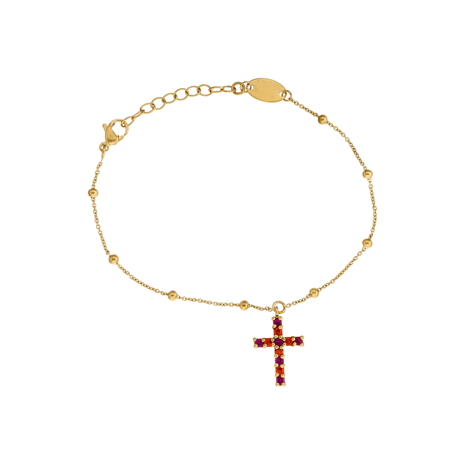 Bracelet Callas Acier doré chaîne fine boule centre Croix Oxyde de Zirconium couleur 17 plus 3 centimètres