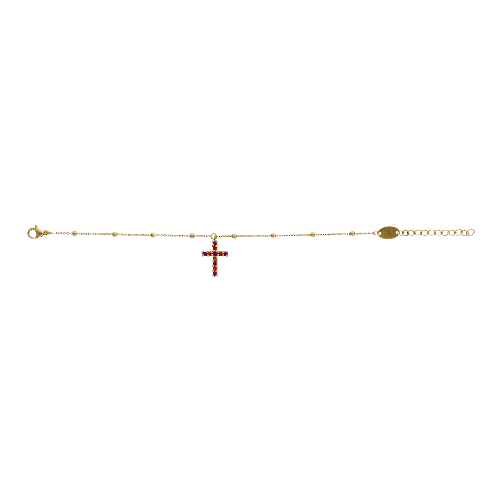 Bracelet Callas Acier doré chaîne fine boule centre Croix Oxyde de Zirconium couleur 17 plus 3 centimètres