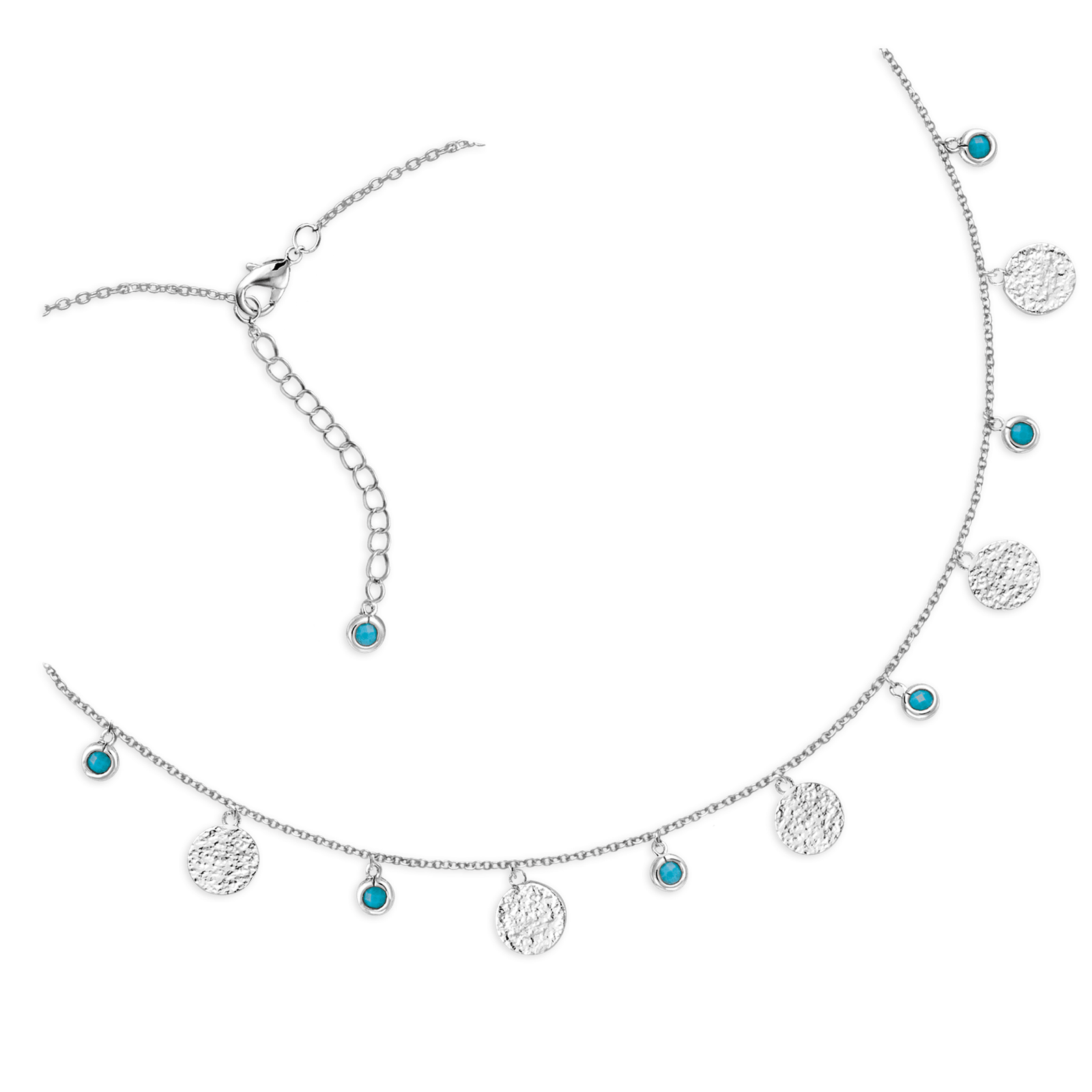 Collier argent pampilles pierres turquoises avec pastilles antiques